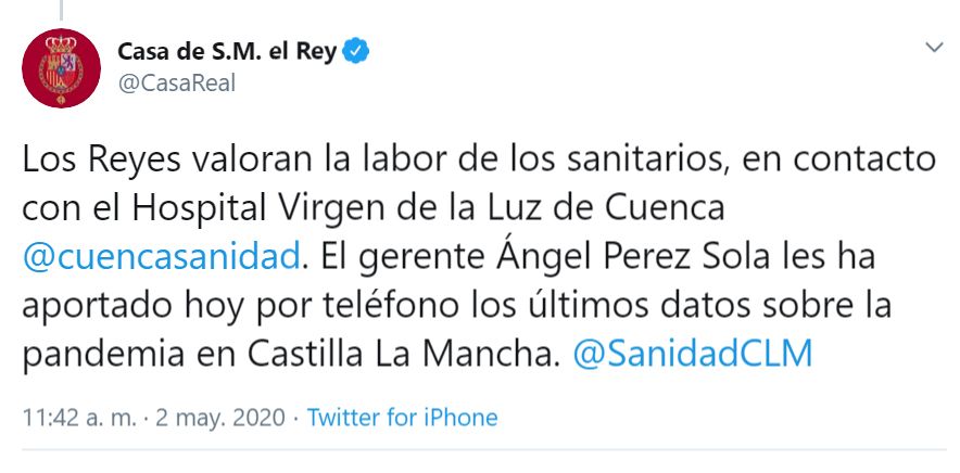 Los Reyes de España se ponen en contacto con el gerente del Hospital Virgen de la Luz para conocer los últimos datos de la pandemia