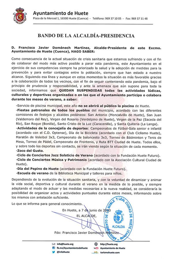 El Ayuntamiento de Huete suspende las actividades lúdicas, culturales y deportivas este verano 1 El Ayuntamiento de Huete suspende las actividades lúdicas, culturales y deportivas este verano