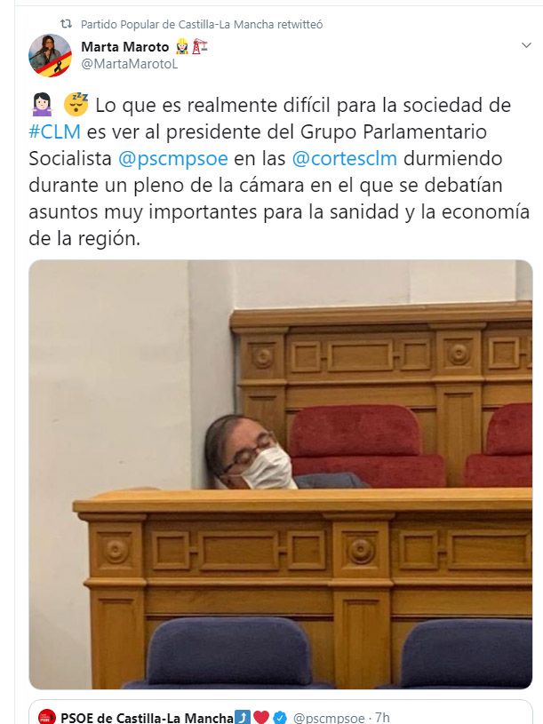 El PSOE denuncia la falta de humanidad del PP de CLM por publicar una fotografía de Mora recostado a causa de un mareo 3 El PSOE denuncia la falta de humanidad del PP de CLM por publicar una fotografía de Mora recostado a causa de un mareo
