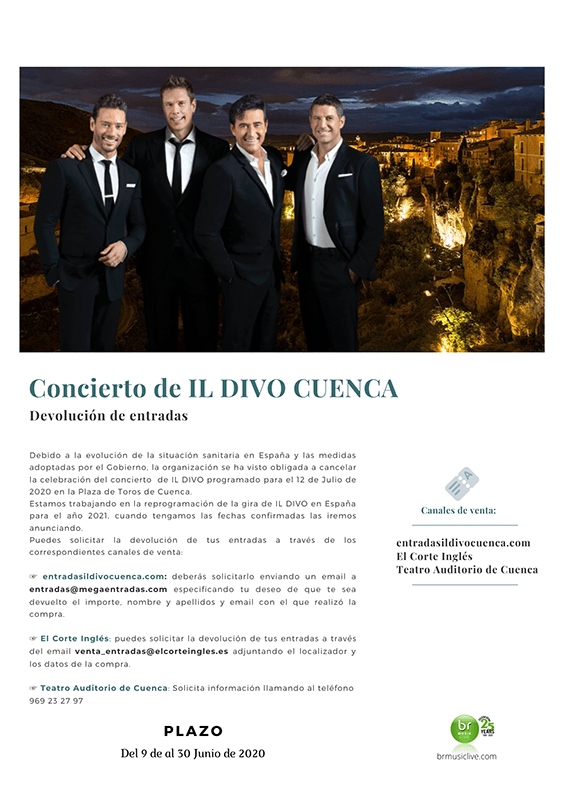 La organización del concierto de ‘Il Divo’ en Cuenca emite un comunicado para solicitar la devolución de entradas 1 La organización del concierto de ‘Il Divo’ en Cuenca emite un comunicado para solicitar la devolución de entradas