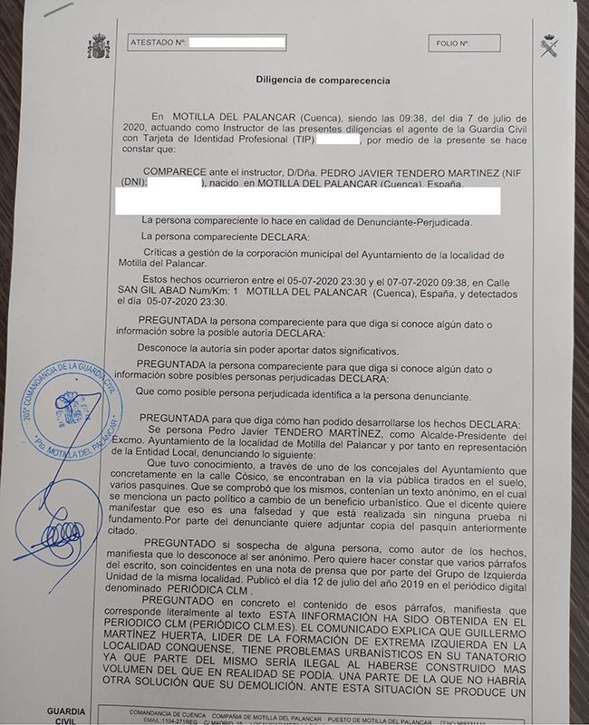 El alcalde de Motilla denuncia ante la Guardia Civil la aparición de anónimos que contienen acusaciones difamatorias hacia su persona 3 El alcalde de Motilla denuncia ante la Guardia Civil la aparición de anónimos que contienen acusaciones difamatorias hacia su persona