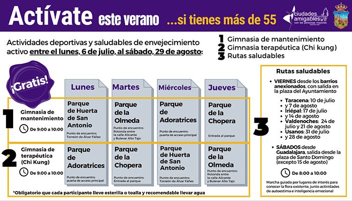 El Ayuntamiento de Guadalajara pone en marcha `Actívate en verano’ con acciones deportivas y saludables de envejecimiento activo
