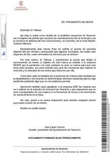 El Ayuntamiento de Tarancón pide a RENFE que no se supriman servicios en el tren convencional y se realicen mejoras en la línea Madrid-Cuenca-Valencia
