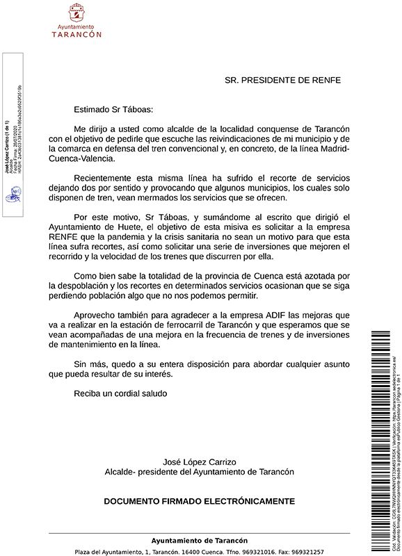 El Ayuntamiento de Tarancón pide a RENFE que no se supriman servicios en el tren convencional y se realicen mejoras en la línea Madrid-Cuenca-Valencia