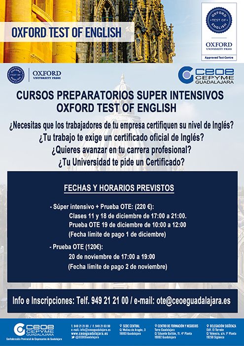 El departamento de formación de CEOE-Cepyme Guadalajara lanza los nuevos cursos intensivos preparatorios para el Oxford test of English 3 El departamento de formación de CEOE-Cepyme Guadalajara lanza los nuevos cursos intensivos preparatorios para el Oxford test of English