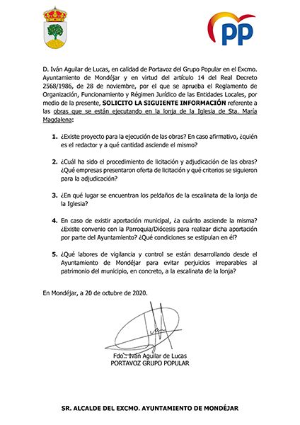 Solicitud información obras lonja iglesia Mondéjar presentada por el PP en el Ayto de Mondéjar