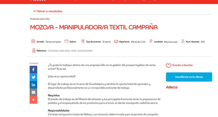 Adecco busca 500 mozosas de almacén en Marchamalo