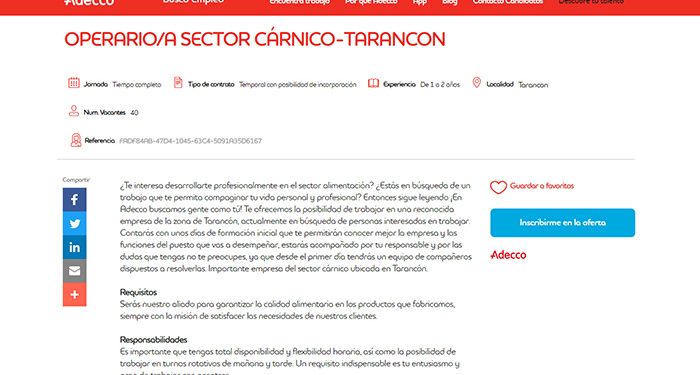 Adecco busca en Tarancón a 40 operariosas del sector cárnico