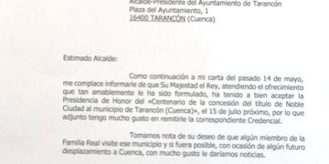 Su Majestad el Rey Felipe VI acepta la presidencia de honor del centenario como Noble Ciudad de Tarancón