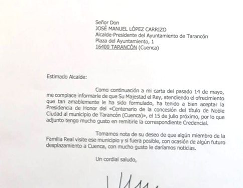 Su Majestad el Rey Felipe VI acepta la presidencia de honor del centenario como Noble Ciudad de Tarancón
