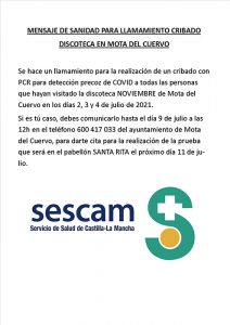 Sanidad realizará un cribado masivo ante un posible brote de la variante Delta en una discoteca de Mota del Cuervo