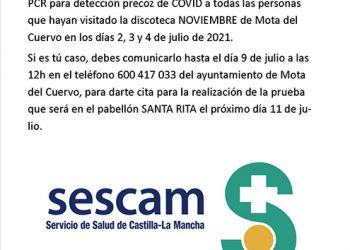 Sanidad realizará un cribado masivo ante un posible brote de la variante Delta en una discoteca de Mota del Cuervo