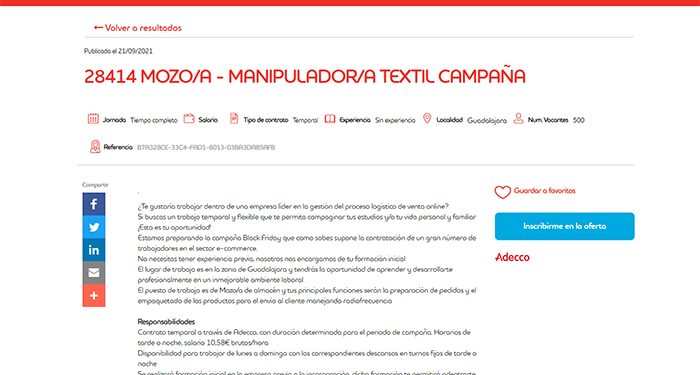 Adecco busca 500 mozosas manipuladores de textil sin experiencia en la provincia de Guadalajara