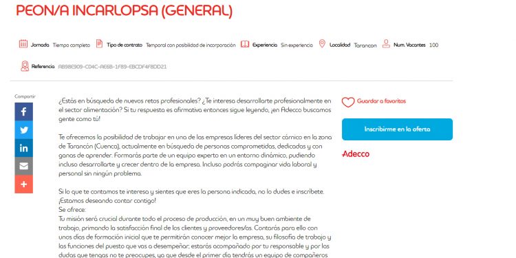 Adecco busca 100 operarios/as para el sector alimentario en Cuenca 1 Adecco busca 100 operariosas para el sector alimentario en Cuenca