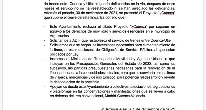 PP, PSOE e IU aprueban una moción en defensa del ferrocarril en Arguisuelas 1 PP, PSOE e IU aprueban una moción en defensa del ferrocarril en Arguisuelas