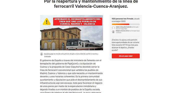 Una petición en change.org por la reapertura y mantenimiento de la linea de ferrocarril Valencia-Cuenca-Aranjuez logra superar las 1.500 firmas en pocas horas