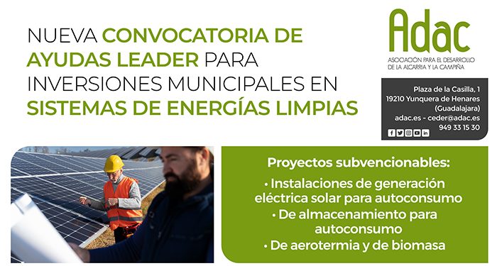 ADAC lanza una nueva convocatoria de ayudas LEADER dotada con casi 600.000 euros para que los municipios instalen sistemas de energía limpia