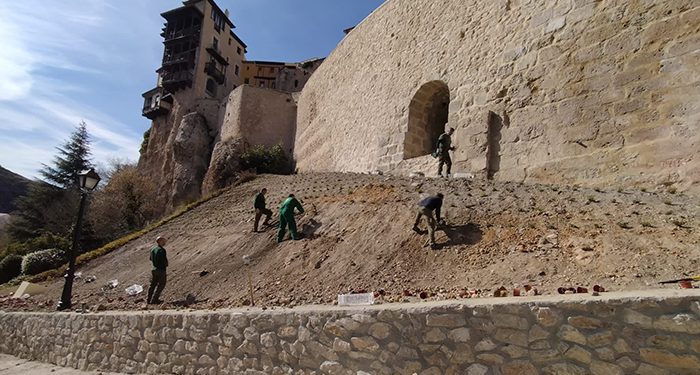 Comienzan los trabajos de ajardinamiento de la ladera del muro de la calle Canónigos
