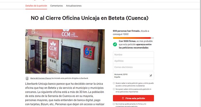 Más de mil firmas piden en change.org que no se cierre la oficina de Unicaja en Beteta 1 Casi mil firmas piden en change.org que no se cierre la oficina de Unicaja en Beteta