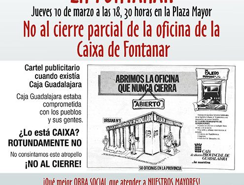Este jueves habrá concentración a las 18,30 horas en la Plaza Mayor de Fontanar contra el cierre de la oficina de la Caixa