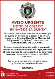 El alcalde de Cabanillas decreta medidas de emergencia ante el riesgo de colapso de una nave industrial del Polígono La Quinta