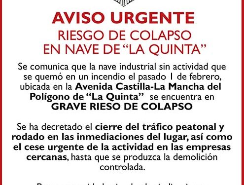 El alcalde de Cabanillas decreta medidas de emergencia ante el riesgo de colapso de una nave industrial del Polígono La Quinta 1 El alcalde de Cabanillas decreta medidas de emergencia ante el riesgo de colapso de una nave industrial del Polígono La Quinta