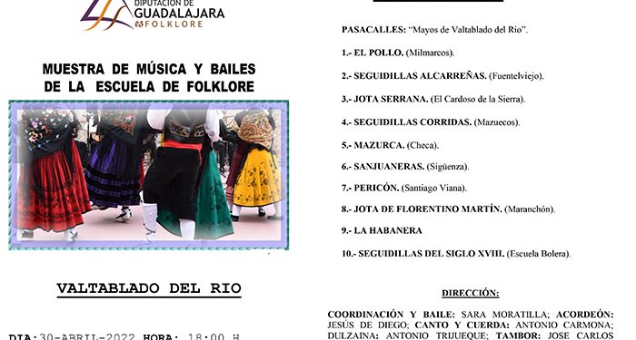 Muestra de música y bailes de la Escuela de Folklore de la Diputación de Guadalajara el sábado 30 en Valtablado del Río