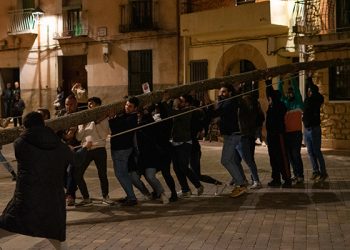 Los mozos y mozas de Trillo consiguen erigir un hermoso ejemplar de chopo en medio de la plaza Mayor
