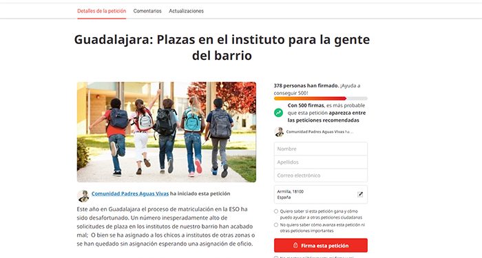 Un grupo de padres y madres de Aguas Vivas de Guadalajara abre una petición en change.org para que Educación abra nuevas líneas en los institutos de la zona 1 Un grupo de padres y madres de Aguas Vivas abre una petición en change.org para que Educación abra nuevas líneas en los institutos de la zona