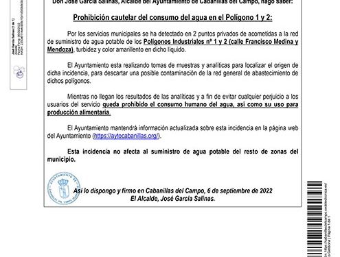 El Ayuntamiento de Cabanillas prohíbe el consumo de agua en los polígonos 1 y 2 1 El Ayuntamiento de Cabanillas prohíbe el consumo de agua en los polígonos 1 y 2