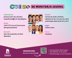 El Ayuntamiento de Guadalajara convoca un nuevo curso de monitora juvenil para jóvenes de edades comprendidas entre los 16 y 30 años