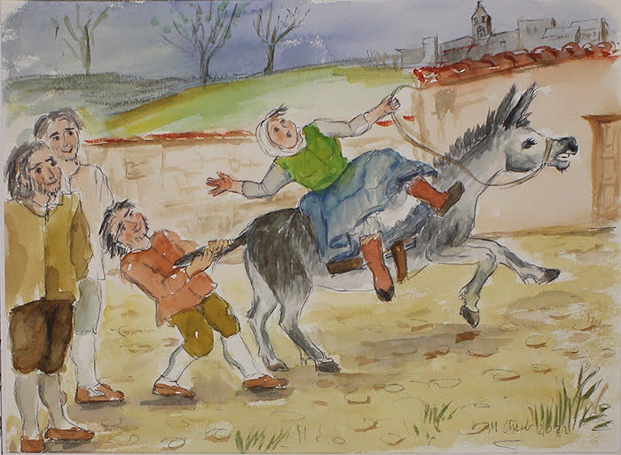 Asustando a un pollino. Ilustración de Mª Luisa Chico de Castro, cedidas por la Fundación García y Chico (Cuenca).