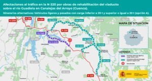 Afectaciones al tráfico en la carretera N-320 por obras de rehabilitación del viaducto sobre el río Guadiela en Canalejas del Arroyo