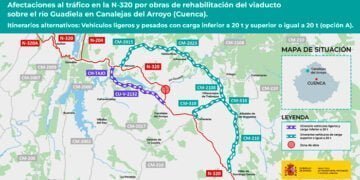 Afectaciones al tráfico en la carretera N-320 por obras de rehabilitación del viaducto sobre el río Guadiela en Canalejas del Arroyo