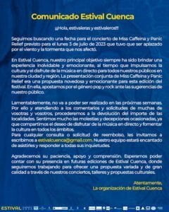 Estival Cuenca continúa buscando fecha para el concierto de Miss Caffeina y Panic Relief