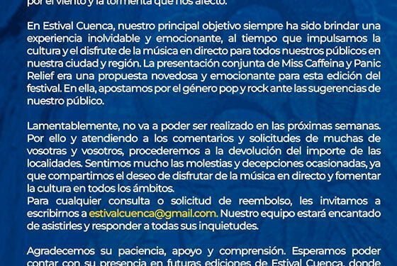 Estival Cuenca continúa buscando fecha para el concierto de Miss Caffeina y Panic Relief