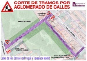 Cortes de tráfico por trabajos en la calle del Río, calle Barranco del Coquín y travesía de Madrid