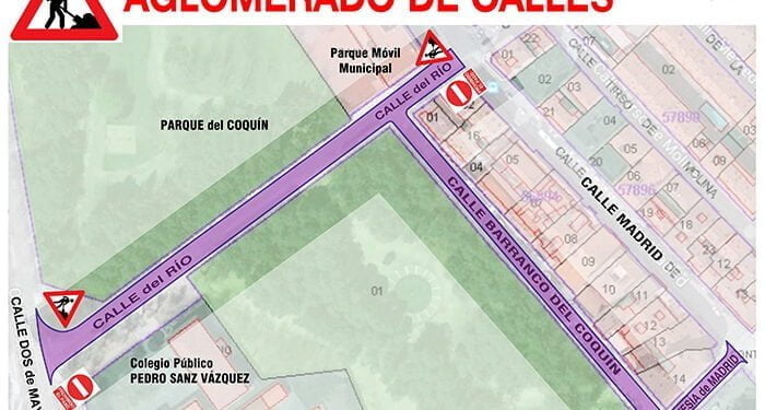 Cortes de tráfico por trabajos en la calle del Río, calle Barranco del Coquín y travesía de Madrid
