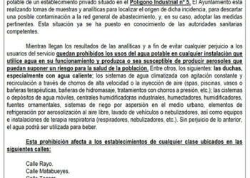 Detectan legionella en un establecimiento privado del polígono 5 de Cabanillas