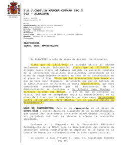 Advertencia del TSJ al Director Gerente del SESCAM por posible delito de desobediencia