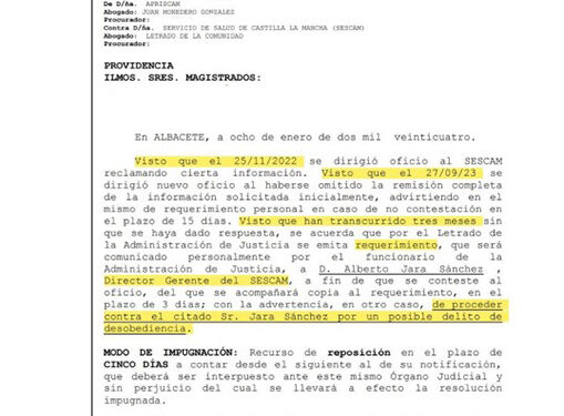 Advertencia del TSJ al Director Gerente del SESCAM por posible delito de desobediencia