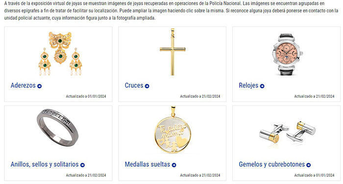 La Policía Nacional expone en su web miles de joyas y objetos de valor recuperados en operaciones policiales