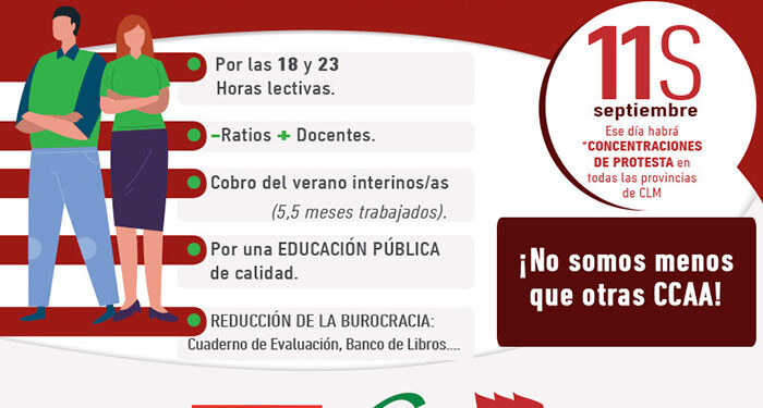 STE-CLM, CSIF y CCOO convocan una huelga en Castilla-La Mancha para el 11 de septiembre: “Las clases empezarán sin profesorado” 1 STE-CLM, CSIF y CCOO convocan una huelga en Castilla-La Mancha para el 11 de septiembre “Las clases empezarán sin profesorado”