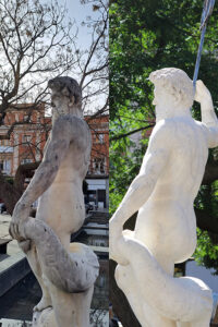 El Ayuntamiento de Guadalajara realiza una limpieza y restauración de la escultura de Neptuno de la Plaza del Jardinillo