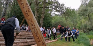 Troncos de pinos al río que los lleva con ayuda de ganchos. Míralos en la Fiesta Ganchera