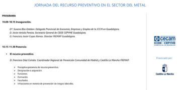 CEOE-Cepyme Guadalajara organiza una jornada de PRL sobre el recurso preventivo en el sector del metal