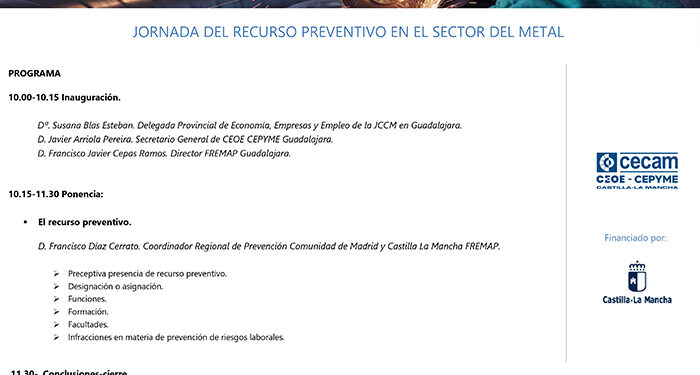 CEOE-Cepyme Guadalajara organiza una jornada de PRL sobre el recurso preventivo en el sector del metal