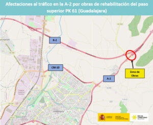Afectaciones al tráfico en la autovía A-2 por las obras de rehabilitación del paso superior del kilómetro 61