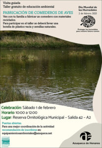 Este sábado, en la Reserva Ornitológica Municipal de Azuqueca, visita guiada y taller para fabricar comederos de aves
