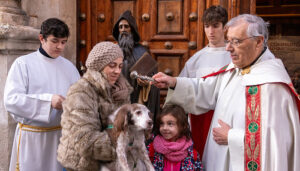 La botarga de Guadalajara acompañó con el cántico y juego del Alhiguí la bendición de mascotas por San Antón